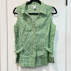 Tweeds Linen Sleeveless Top Green White‎ Circle Print Button Down XL